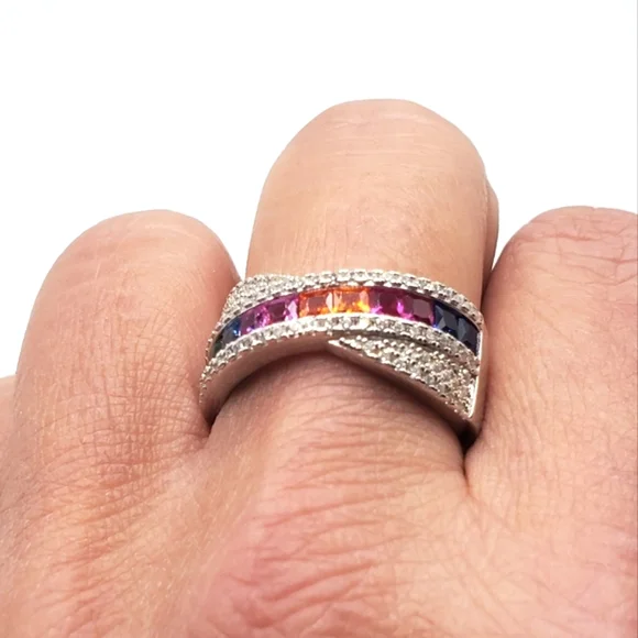 Princess Cut Multicolor Rainbow 925 Sterling Silver Multicolor CZ Twist Ring! - Picture 7 of 8